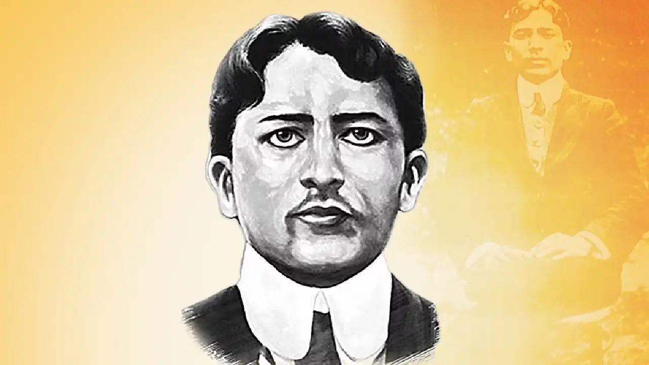 Modern illustrated portrait of Madan Lal Dhingra, drawn from the surviving photograph, with the full seated photograph faintly reproduced behind it.