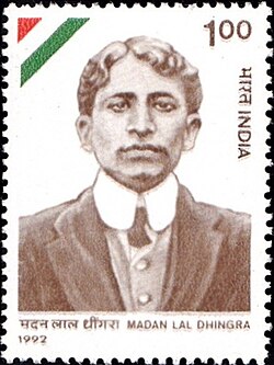 1992 Indian postage stamp of one rupee showing an engraved sepia portrait of Madan Lal Dhingra with his name in Devanagari and Latin script.